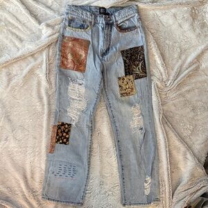 BDG Women's Patchwork Boyfriend Jeans - Light Blue and Brown
